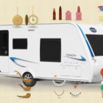 Ilustración de una caravana con diferentes objetos dispuestos a su alrededor